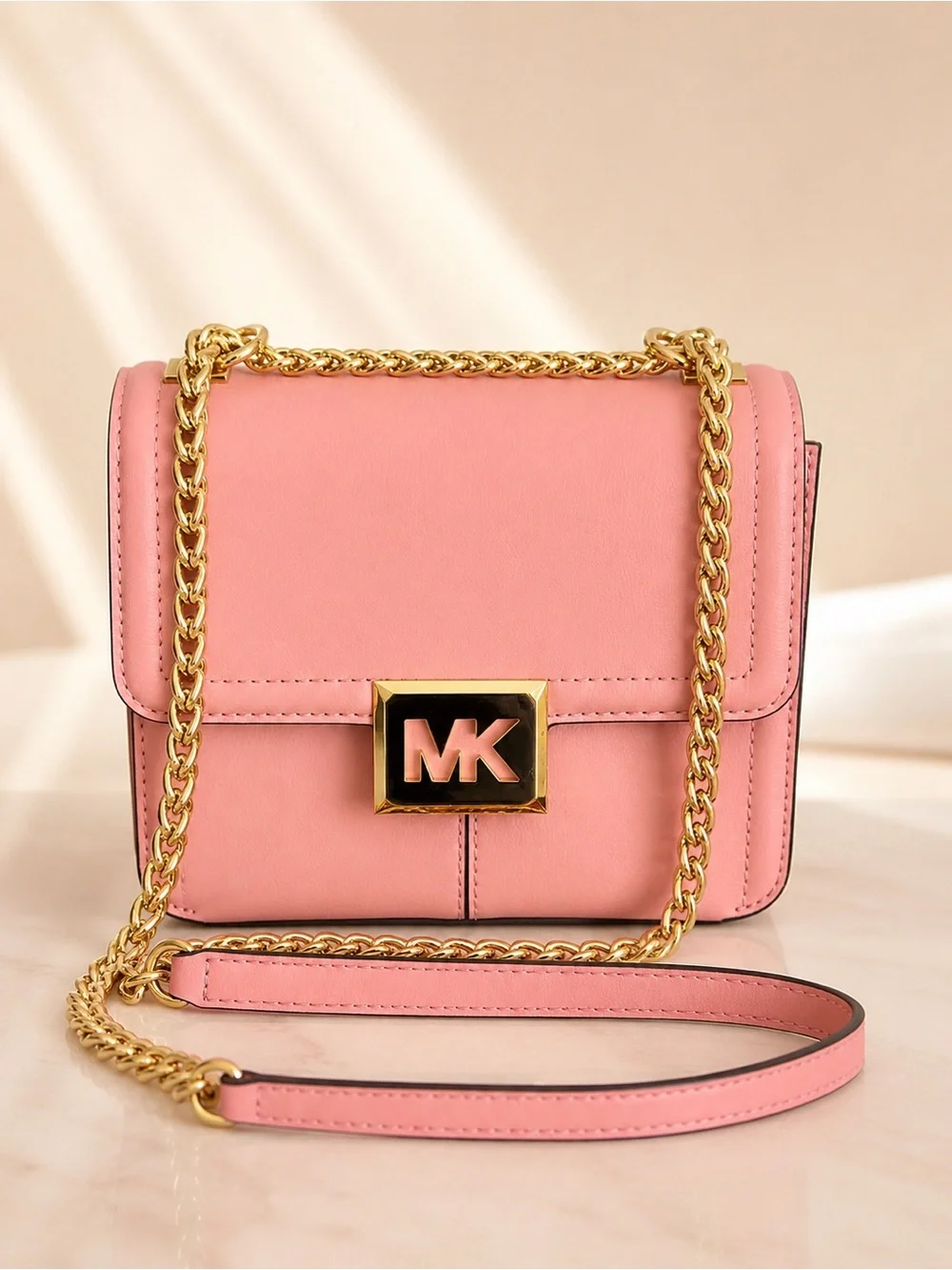 Michael Kors Pink Leather Chain Crossbody Shoulder Bag Gold MK Turn Lock purse